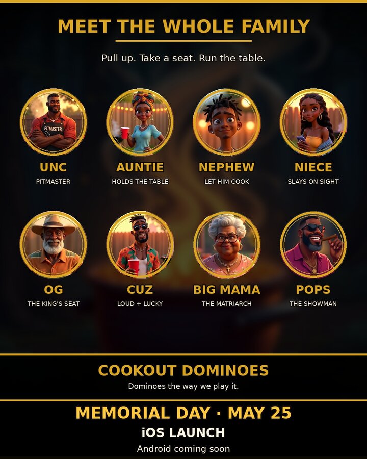 Meet the Cookout Dominoes family — eight avatars including Unc the Pitmaster, Auntie, Nephew, Niece, OG, Cuz, Big Mama, and Pops the Showman