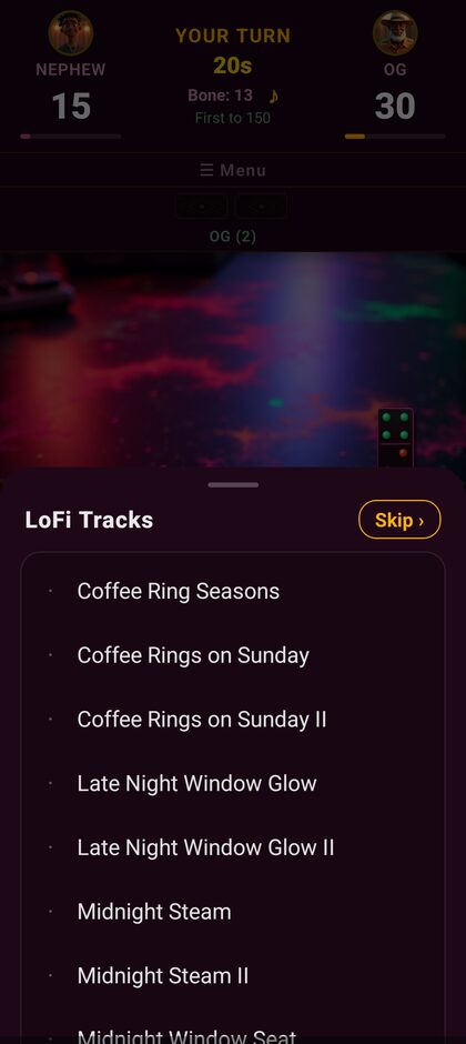 LoFi tracks bottom sheet with Coffee Ring Seasons and other relaxing tracks