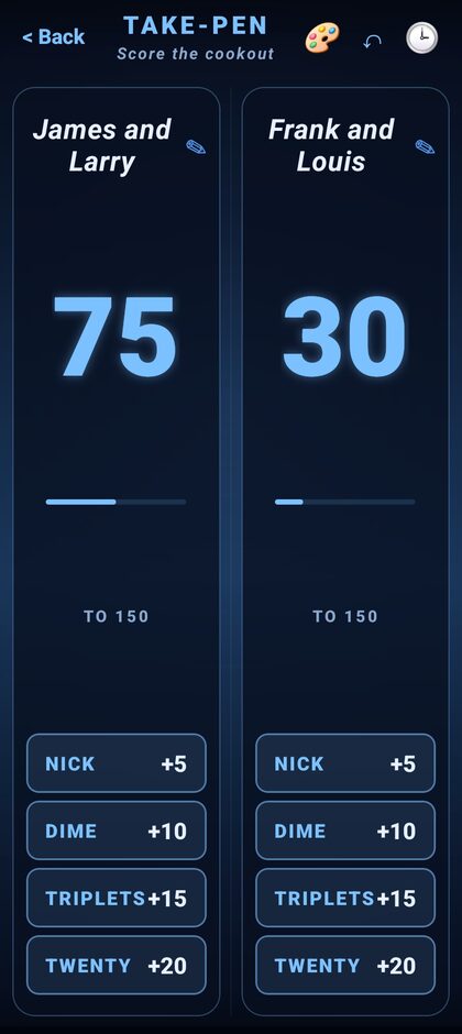 Take-Pen scorekeeper showing James and Larry 75 vs Frank and Louis 30, first to 150
